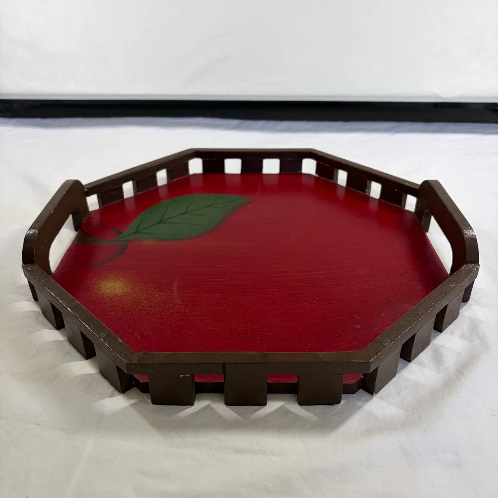 Vintage Red Apple Hand Painted Wooden Serving Tray Cottagecore Philippines Made